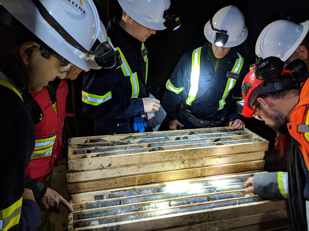A Skeena Resources crew examines core samples at the Snip project