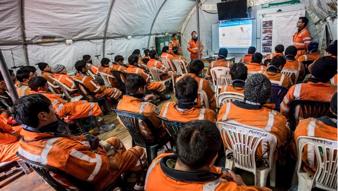 A safety briefing at Fortuna Silver's Caylloma Mine in Peru