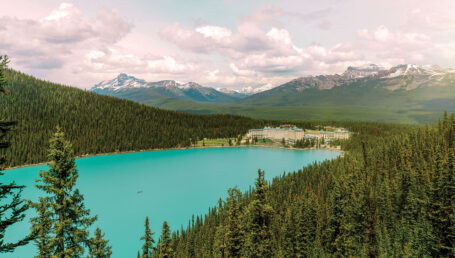 Banff. Aerial view of Chateau Lake Louse across the lake