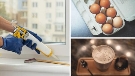 image collage of caulking gun, egg carton, and london fog