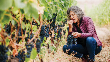 Wine maker Val Tait gets a bite of the bounty at Gold Hill Winery