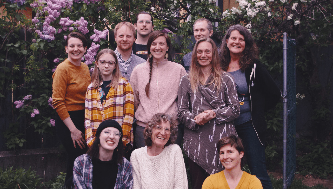 The eight members of the Propolis Housing Co-op, with president Lindsay Harris first from top left.