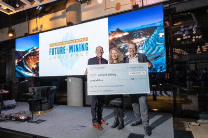 ReThink Milling's Gillian Holcroft and Steve Wilson accept cheque from Wheaton Previous Metals CEO Randy Smallwod