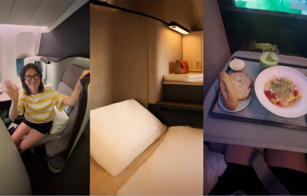 collage of our editor in the cathay pacific business aria suite with food