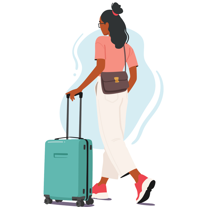 Illustration of a woman walking with rolling luggage