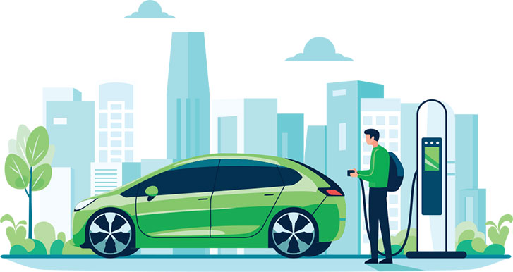 Illustration of a man about to charge an electric car